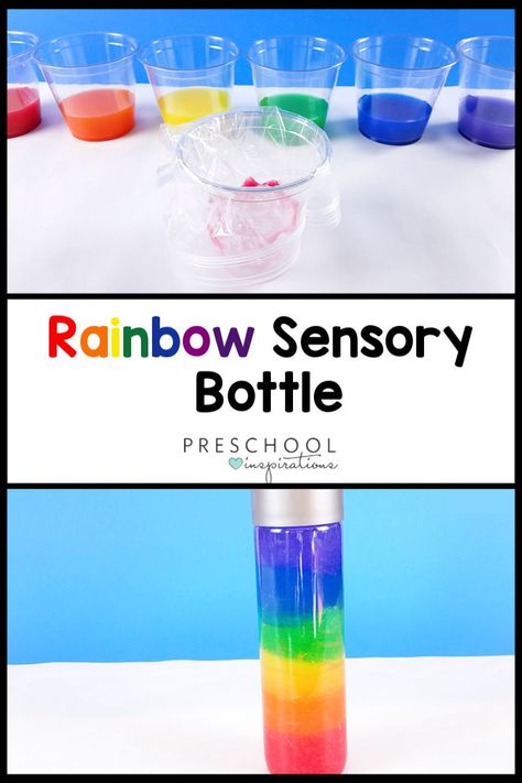 Instructions to make this gorgeous diy rainbow discovery bottle or rainbow sensory bottle. It's a perfect addition to a rainbow theme, weather theme, or while learning about St. Patricks Day. But honestly, I think rainbows are best to study about any day of the year! It lasts for about 6 months! Color Mixing Sensory Bottles, Preschool Rainbow Activities, Weather Bottles, Weather Sensory Bottles, Rainbow Jar, Rainbow Sensory Bottles, Sensory Bottles Preschool, Weather Preschool, Preschool Rainbow