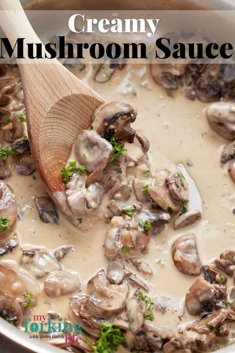 Made with garlic, white wine, cream and parmesan, this creamy mushroom sauce is decadent and delicious and has so many uses! Use it to top steak or chicken, or, serve over pasta or rice for a quick and easy dinner. Spices Recipes, Cheese Stuffed Mushrooms, Creamy Mushroom Soup, Delicious Family Meals, Homemade Soup Recipe, Drink Inspiration, Clean Eating Desserts, Creamy Mushroom Sauce, Parmesan Sauce