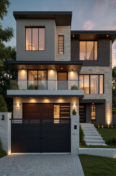 Explore modern two-story house elevation designs that use light color combinations to create a luxurious, serene atmosphere. These ideas bring sophistication and charm to your home's exterior with contemporary style. Light Color Combinations, House Elevation Designs, One Storey House, Two Story House, Two Story Homes, Second Story, House Elevation, Story House, House Exterior