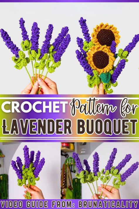 Purple Flowers Crochet, Crochet Lavender Flowers, Crochet Lavender, Crochet Flower Bouquet, Purple Yarn, Crochet Bouquet, Floral Arrangements Diy, Market Stall, Learn How To Crochet