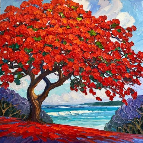 MISUN HOLDORF (@misunholdorf) • Instagram photos and videos Flamboyant Tree, Flame Tree, Picasso Style, Colorful Invitations, Red Love, Palette Knife Painting, Watercolor Inspiration, Fashion Painting, Wood Panel