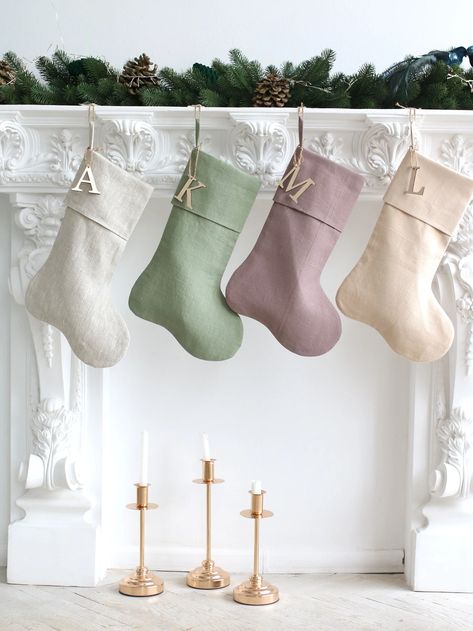 Simple Christmas Stocking, Christmas Stockings Aesthetic, Minimalist Christmas Stocking, Dusty Pink Bedding, Fabric Gift Ideas, Nordic Christmas Decorations, Striped Christmas Stocking, Linen Christmas Stocking, Cute Christmas Stockings