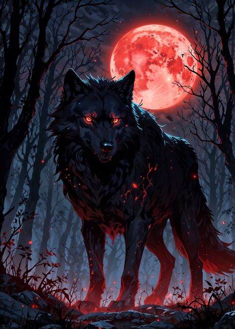 A menacing black wolf with glowing red eyes stands in a dark forest, illuminated by a large, blood-red moon. The wolf's fur appears to be infused with a fiery glow, casting an eerie light on the surrounding trees and foliage. The scene is filled with a sense of mystery and danger, as the wolf's gaze is fixed on the viewer, suggesting a powerful and untamed presence. Moon Hunters, Blood Red Moon, Glowing Red Eyes, Red Moon, Blood Moon, Black Wolf, Blood Red, Red Eyes, Dark Forest