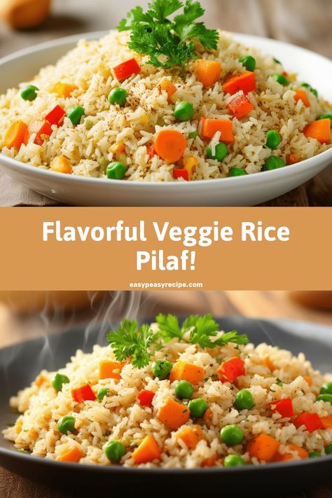 A bowl of colorful rice pilaf with peas and carrots garnished with fresh herbs. How To Spice Up Rice, Veggie Rice Pilaf, Rice Pilaf With Vegetables, Greek Pilaf, Rice Pilaf Recipe Easy, Vegetable Rice Recipes, Vegetable Pilaf, Stove Top Rice, Vegetable Rice Recipe