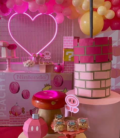 Princess Peach Room Ideas, Princess Peach Party Centerpieces, Princess Peach Party Decorations Diy, Princess Peach Balloon Arch, Princess Peach Themed Party, Peaches Birthday Party, Princess Peach Backdrop, Princess Peach Centerpiece, Peaches Birthday Theme Mario