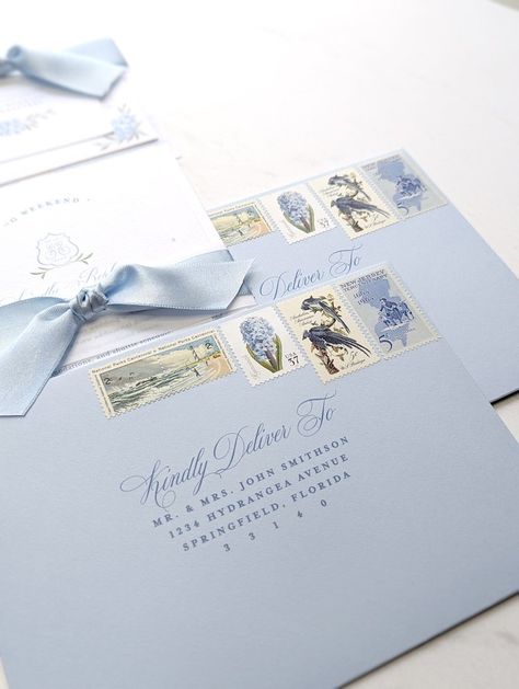 curated vintage stamps on blue envelope with printed address Invitation Decoration Ideas, South Of France Wedding Invitation, Luxury Wedding Invitation Suite, Coastal Chic Wedding Invitations, Diy Wedding Invitation Suite, Wedding Invitation Envelope Ideas, Wedding Envelope Ideas, Korean Wedding Invitation, Wedding Invite Envelopes