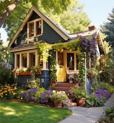 Yellow New England House, Homestead House Exterior, Cozy Bungalow Exterior, Tiny House Cottagecore, Eclectic Home Exterior, Old Vintage House Exterior, Swedish Cottage Exterior, Mill House Renovation, Craftsman Cottage Exterior