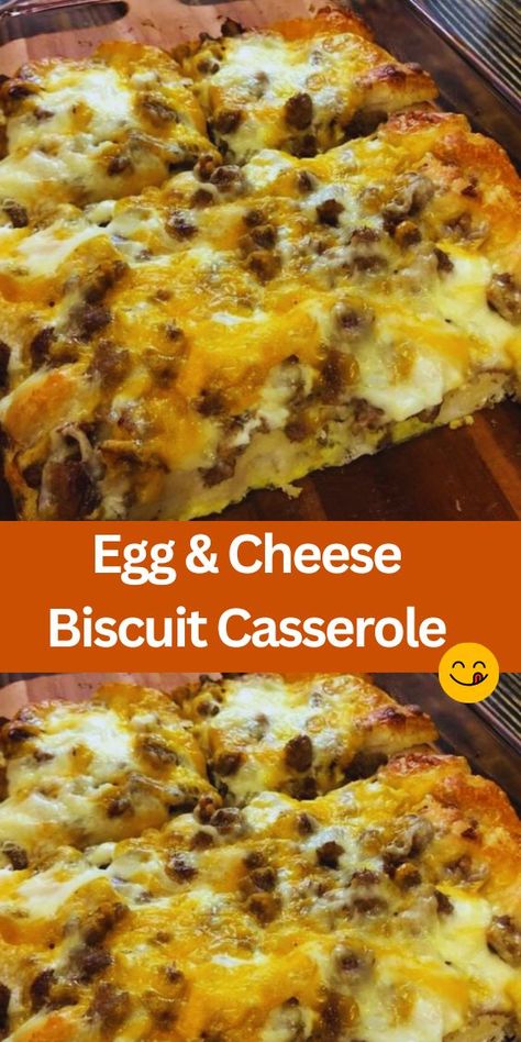 Discover the ultimate comfort food with our Egg & Cheese Biscuit Casserole recipe! This hearty dish features savory ground pork sausage, creamy eggs, and a cheesy blend, all baked to perfection atop buttery tasting biscuits. Perfect for brunch or a cozy breakfast at home. Easy to make and oh-so-satisfying! Sausage Egg And Cheese Biscuit Casserole, Biscuit Egg Casserole Recipes, Sausage Egg And Biscuit Casserole, Ground Sausage And Egg Recipes, Sausage Egg Cheese Biscuit Casserole, Breakfast Bake With Biscuits, Biscuit Sausage Egg Casserole, What To Make With Ground Sausage, Grands Biscuit Recipes Breakfast