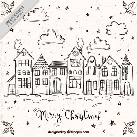 Merry christmas background with sketches... | Free Vector #Freepik #freevector #christmas-drawings #christmas-sketch #christmas-city #christmas-handdrawn Sketches Of Houses, House With Christmas Lights, Christmas Lights Drawing, Lights Drawing, Town Drawing, House Doodle, Boulet Journal, Christmas Sketch, Christmas Window Painting