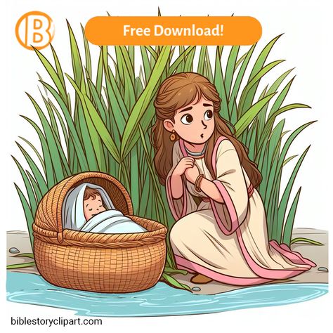 Miriam and Baby Moses TN Miriam Sister Of Moses, Moses Cartoon, Baby Moses Crafts, Moses Craft, Church Clipart, Bible Clipart, Bible Cartoon, Bible Crafts Sunday School, Bible Journaling Printables