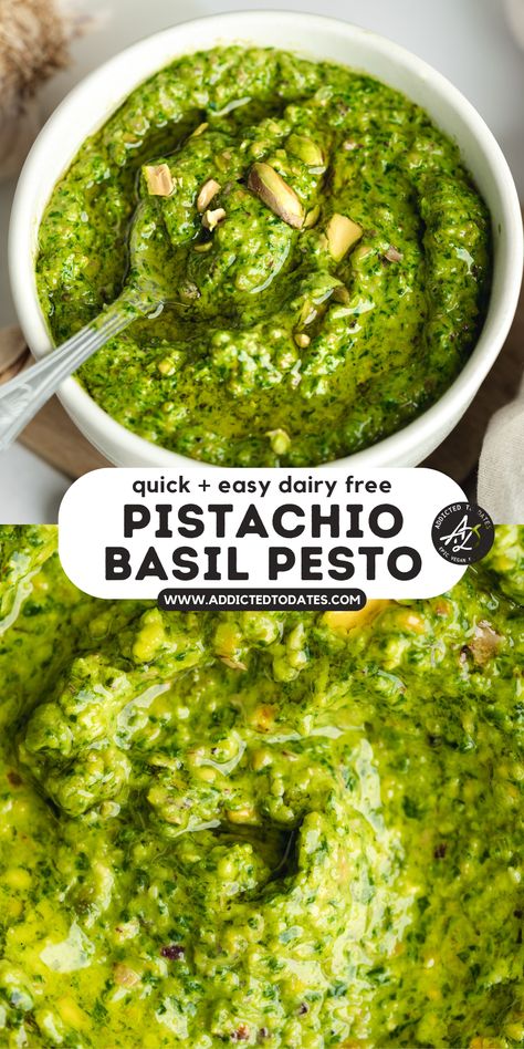 Quick & Easy Pistachio Pesto (dairy free) - Addicted to Dates Pesto With Pistachios, Pistachio Basil Pesto, Basil Pistachio Butter, Vegan Salad Dressing Recipes, Venison Sausage, Basil Pesto Recipe, Roasted Pistachios, Homemade Pesto Recipe, Basil Pesto Pasta