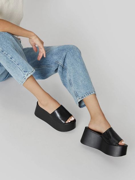 Faux Leather Platform Slip On Sandals | SHEIN USA Platform Slip On Sandals, Platform Slip Ons, Sandals Shein, Work Shoes Women, Platform Flip Flops, Baggy Clothes, Trending Sandals, Slip On Sandals, Aesthetic Shoes