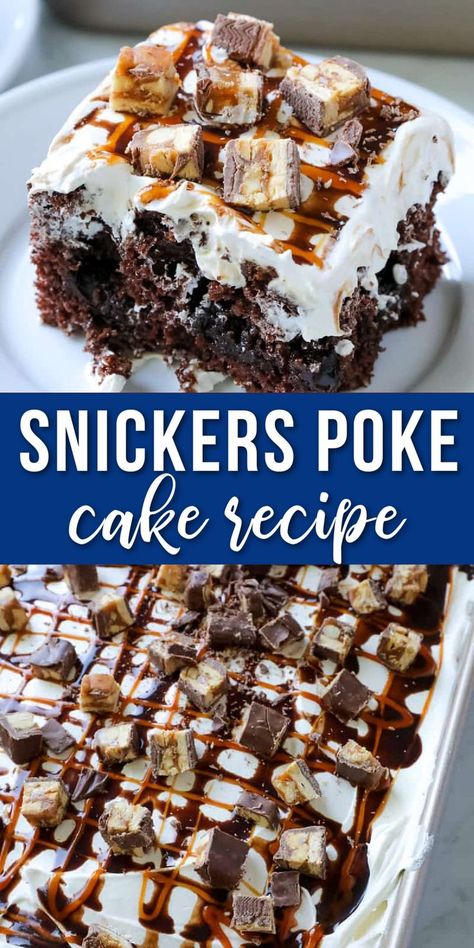 poke cake on a plate Devils Food Poke Cakes, Kit Kat Poke Cake, Mexican Poke Cake, Twix Poke Cake, Snickers Poke Cake Recipe, Skor Poke Cake, Snickers Cake Birthday, Holiday Poke Cakes, Poke Cake Recipes Pudding