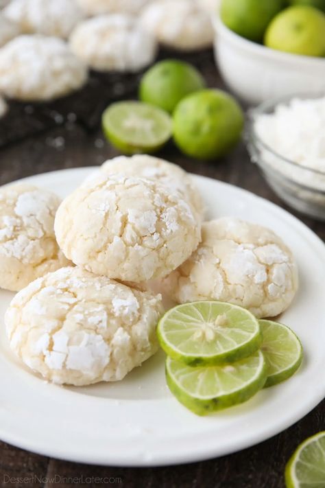 Coconut Key Lime Crinkle Cookies Key Lime Crinkle Cookies, Pistachio Pudding Cookies, Key Lime Recipes, Lemon Pudding Cake, Strawberry Cream Cheese Frosting, Lime Cookies, Lime Recipes, Summer Cookies, Cookie Flavors