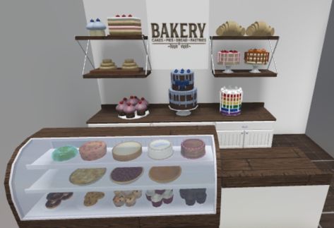 Bloxburg Bakery Interior Ideas, Bakery Interior Bloxburg, Bakery Bloxburg Ideas, Ice Cream Store Bloxburg, Bloxburg Cafeteria Decals, Bloxburg Bakery Decals, Bakery Bloxburg, Cafeteria Bloxburg, Bloxburg Cafe Layout