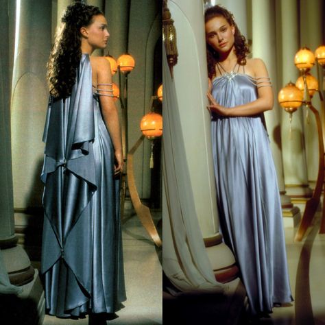 Padme Anakin Wedding, Padme Outfits Star Wars, Padma Star Wars Outfits, Padme Blue Nightgown, Padme Dress Gowns, Padme Blue Dress, Padme Inspired Dress, Dune Dresses Aesthetic, Padme Amidala Sunset Dress