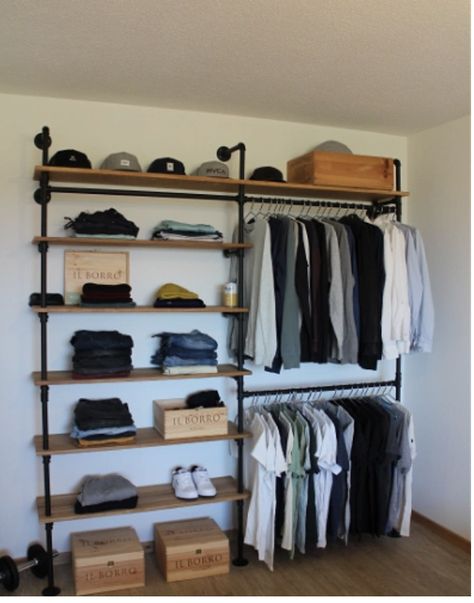 Open Shelving Clothes Storage, Open Cubords Ideas Bedroom, Industrial Style Closet, Open Closet In Bedroom Small Spaces, Open Wardrobe Ideas Bedroom, Industrial Closet Ideas, No Closet Solutions Bedroom, Industrial Pipe Closet, Clothing Shelves