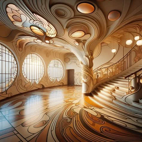 Art Nouveau Interior Design Organic Forms and Curvilinear Lines Art Nouveau Office Design, Art Nouveau Style Interior Design, Art Noveau Interiores, Art Nouveau Architecture Interior, Organic Style Interior Design, Gaudi Interior, Organic Style Interior, Art Nouveau Tree, Art Nouveau Interior Design