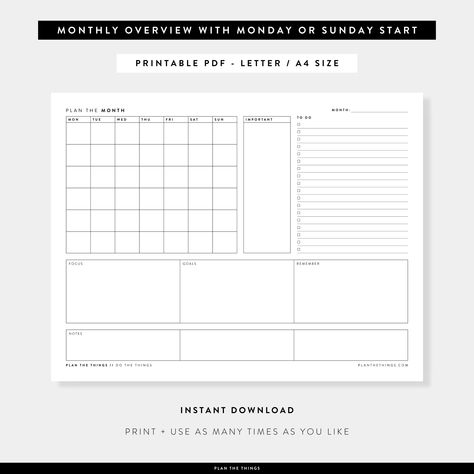 Month at a Glance / Monthly Dashboard - Undated Printable Planner Inserts (A4 + US Letter) planneressentials #mealplanner #plannerlove📜. Gyst Binder, Month At A Glance Printable, Monthly Dashboard, Notes Plan, Month At A Glance, Daily Planner Printables Free, Monthly Overview, Wedding Planner Printables, Monthly Expenses