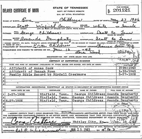 Eva Childress Birth Record Roofing Estimate, Banishing Spell, Birth Records, State Of Tennessee, Birth Certificate, Public Health, Genealogy, History, Health