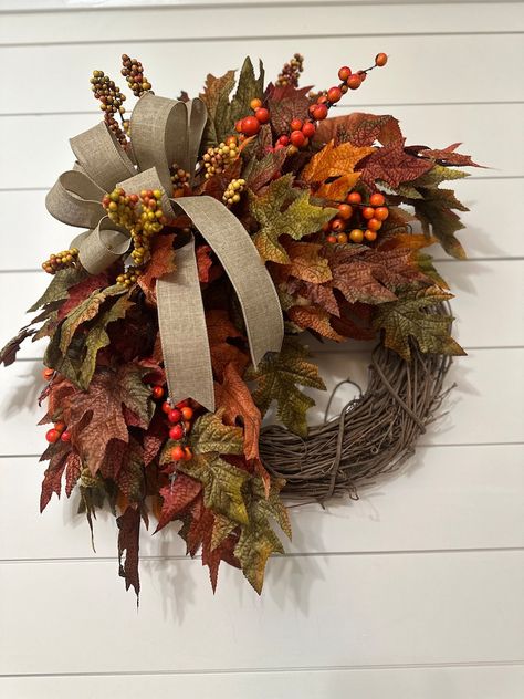 Fall Maple Leaves Wreath, Small Autumn Front Door Wreath, Wreath With Berries and Peonies, Thanksgiving Harvest Grapevine - Etsy Fall Grapevine Wreath Ideas, Fall Wreath Ideas Diy, Thanksgiving Wreaths Diy, Autumn Front Door, Fall Wreath Ideas, Fall Maple Leaves, Elegant Fall Wreaths, Fall Wreaths For Front Door, Maple Leaf Wreath