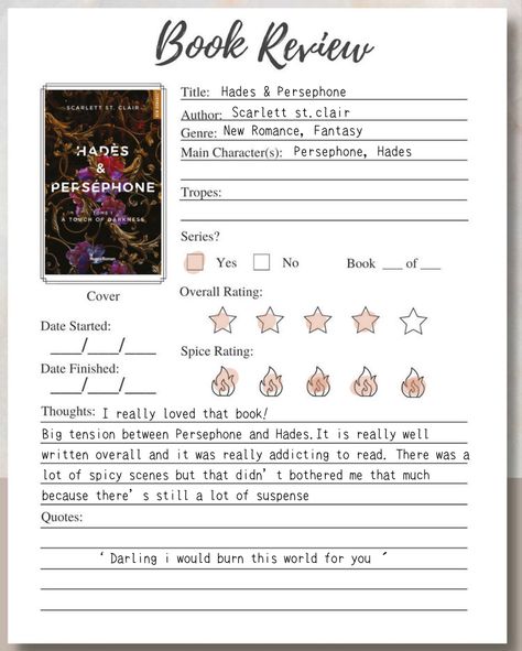 Hades & Persephone Template For Book Review, Journal For Books Read, Book Review Page Ideas, Book Report Aesthetic, Book Rate Template, Book Journal Book Review, Book Review Notebook, Review Book Template, Book Review Questions