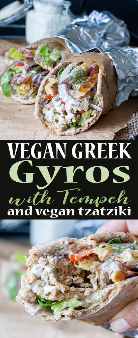 Greek Tempeh Marinade, Healthy Vegan Lunches For Work, Tempeh Gyros, Vegan Gyros, Vegan Tempeh, Greek Gyros, Vegan Greek, Vegan Tzatziki, Vegan Sandwiches