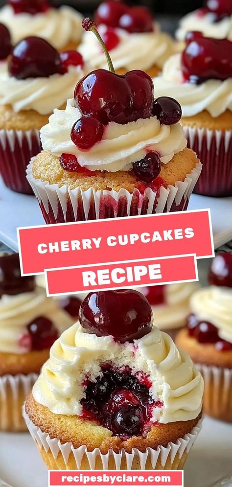 Indulge in the delightful flavors of Cherry Cupcakes, topped with a creamy cherry frosting. These fruity cupcakes are made with chopped maraschino cherries and cherry juice for an extra burst of flavor. Perfect for any occasion, these cupcakes are as beautiful as they are delicious! Ingredients: 1/2 cup maraschino cherries, chopped 1/2 cup maraschino cherry juice 1 1/2 cups all-purpose flour 1/2 cup unsalted butter, softened Cherry Cupcakes Recipes, Fruity Cupcakes, Cherry Frosting, Delicious Cupcakes Recipes, Pink Treats, Cupcakes Easy, Cherry Cupcakes, Fluffy Cake, Maraschino Cherries