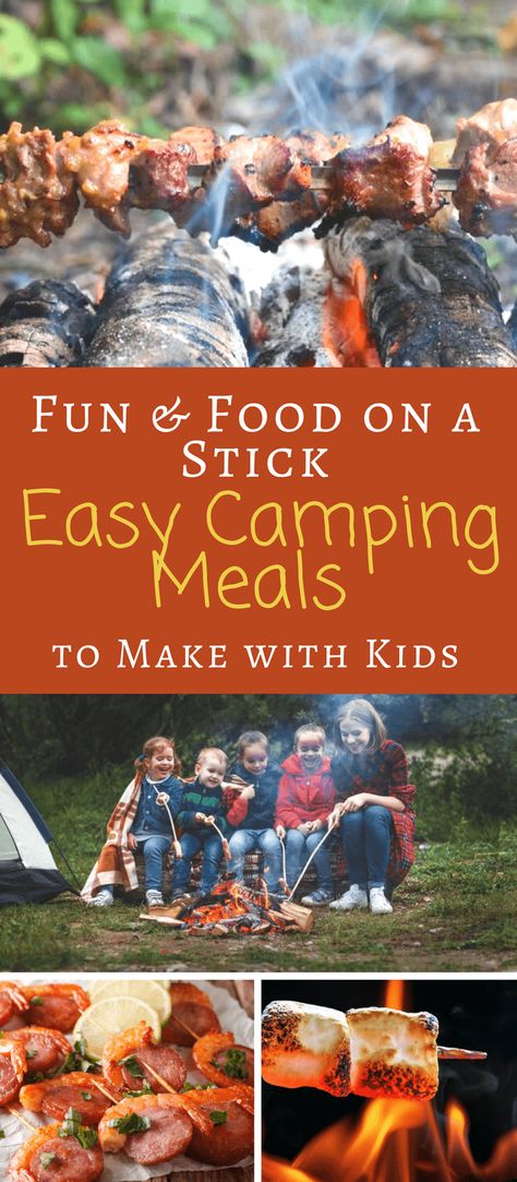 Easy Camping Food Recipes that are perfect to cook over the campfire on a stick. Includes camp food ideas for breakfast, lunch, and dinner. Camping Meals With Kids, Family Camping Meals, Camping Meals For Kids, Food On A Stick, Marshmallow Sticks, Foil Pack Meals, Girl Scout Camping, Food On Sticks, Easy Camping Meals