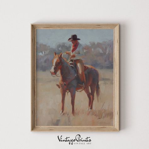 DIGITAL PRINTABLE WALL ART Instantly download, print and frame art.  Vintage Western Cowboy, Antique Oil Painting, Countryside Art, Rustic Digital Print ⬇️ Download 🖨️ Print 🖼️ Use "Your room will be decorated with vintage paintings and will have an attractive and aesthetic appearance." ⚫ Included Files in 300 dpi Resolution: ⬇️You will receive 4 JPG files in the following sizes for instant download: 5x7*, 8x10*, 9x12*, 11x14 inches ⬇️1 PDF file that includes a link to the JPG files in the fol Cowboy Portrait, Countryside Art, Modern Cowboy, Cowboy Decorations, Shared Room, Antique Oil Painting, Vintage Cowboy, Cute Home Decor, Vintage Western