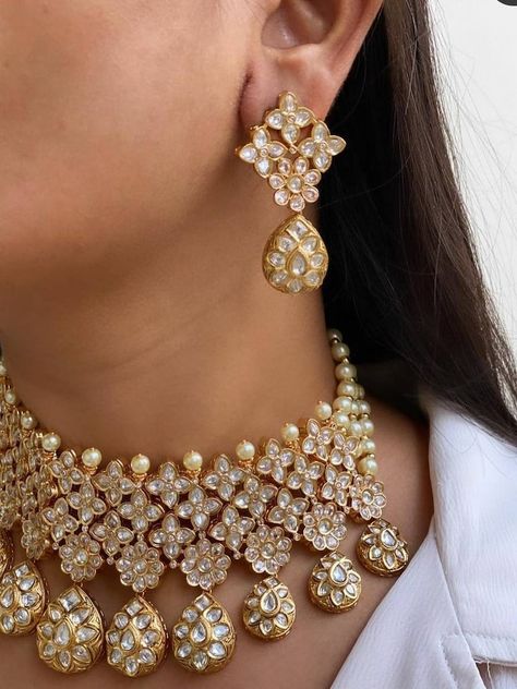 Buy Gold Plated High Quality Uncut Kundan Polki Bridal Kundan Online in India - Etsy Gold Necklace Wedding, Necklace Closure, Trendy Jewellery, Bridal Necklace Designs, Kundan Jewellery Set, Choker Necklace Designs, Jewelry Set Design, Bridal Choker, Fancy Jewellery Designs