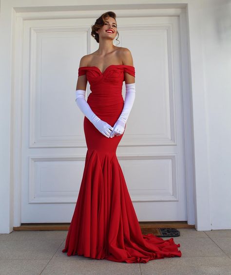 Image may contain: 1 person, standing Pretty Woman Red Dress, Prom Dress With Gloves, Rolene Strauss, Red Dress Design, Easter Dress Toddler, Elegant Fits, Dress And Gloves, Pink Evening Gowns, Red Evening Gowns