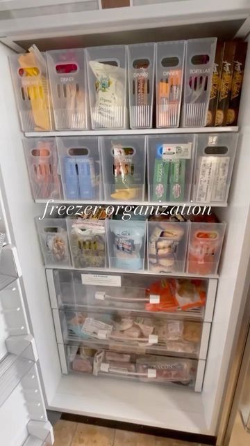 Deep Freezer Organization Upright, Commercial Fridge Organization, Best Way To Organize Freezer, Container Store Multi Purpose Bins, Standup Freezer Organization, Large Family Storage Ideas, Condiment Storage Fridge, Garage Freezer Organization, Subzero Refrigerator Organization