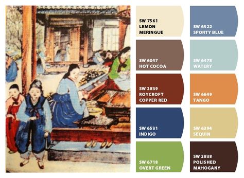 A Korean color palette via Chip It! by Sherwin-Williams Korean Colour Palette, Korean Room Color Palette, Asian Colors Palette, Korea Color Palette, Korean Color Palette, Ukiyo E Color Palette, Korean Colors, Copper Red, Sherwin Williams