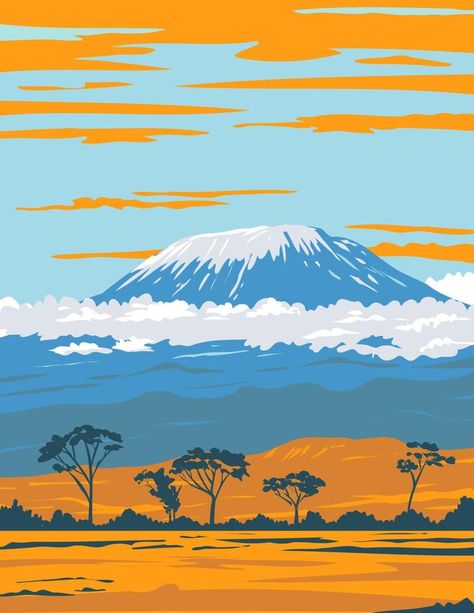 Mount Kilimanjaro Painting, Africa Illustration Art, Kilimanjaro Illustration, Tanzania Illustration, Africa Aesthetic Art, Tanzania Tattoo, Kilimanjaro Tattoo, Mountain Illustration Design, Mountain Kilimanjaro