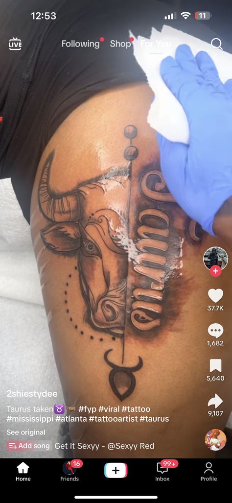 Half Bull Half Flower Tattoo, Tattoo For Taurus Women, Taurus And Leo Tattoo, Taurus Zodiac Tattoo, Upper Leg Tattoos Women, Taurus Tattoo For Women, Taurus Tattoo, Tattoos That Mean Something, Upper Leg Tattoos