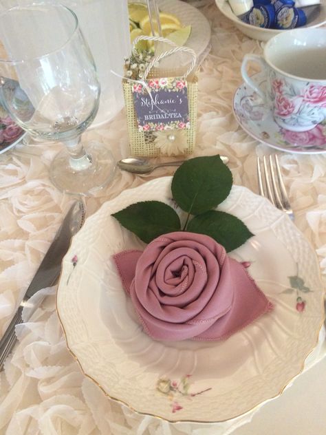 Rose Napkin Fold for Bridal Tea Party! Rose Napkin Fold, Ladies Tea Party Ideas, Tipsy Tea Party, Ideas For Tea Party, Summer Evening Wedding, Napkins Folding Ideas, Derby Dinner, Rose Tea Party, Napkins Ideas