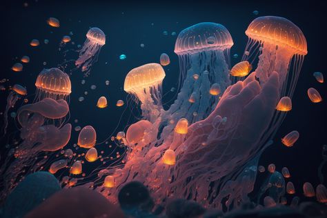 Jelly fishes with an orange glow, this ai artwork is generated using Midjourney. Jellyfish Wallpaper Aesthetic Desktop, Jellyfish Landscape Wallpaper, Jellyfish Desktop Wallpaper Hd, Jelly Fish Wallpaper Desktop, Jelly Fish Background Wallpapers, Jellyfish Macbook Wallpaper, Jellyfish Laptop Wallpaper 4k, Laptop Wallpaper Jellyfish, Jellyfish Computer Wallpaper