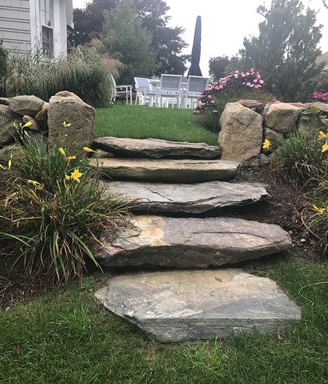 Stairs To Backyard, Flagstone Stairs, Driveway Steps, Front Porch Stone Steps, Pavers Steps, Natural Stone Steps, Slope Landscape, Front Porch Stone, Apple House