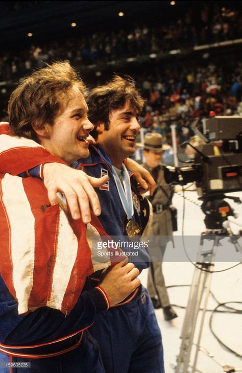 O'Callahan and Craig after the Medal Ceremony,  Feb. 24, 1980. Olympic Icons, Jim Craig, Priscilla Barnes, Usa Hockey, Hockey Baby, Us Olympics, Aesthetic Lifestyle, Hockey Team, Lake Placid