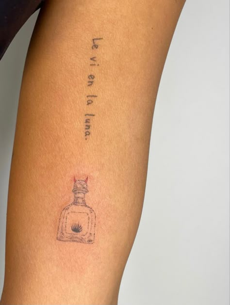 Patron Bottle Tattoo, Cantarito Tattoo, Matching Tequila Tattoos, Meaningful Mexican Tattoo, Small Tequila Shot Tattoo, Small Mexico Tattoo, Tequila Bottle Tattoo, Tequila Tattoo Ideas, Mexico Tattoo For Women