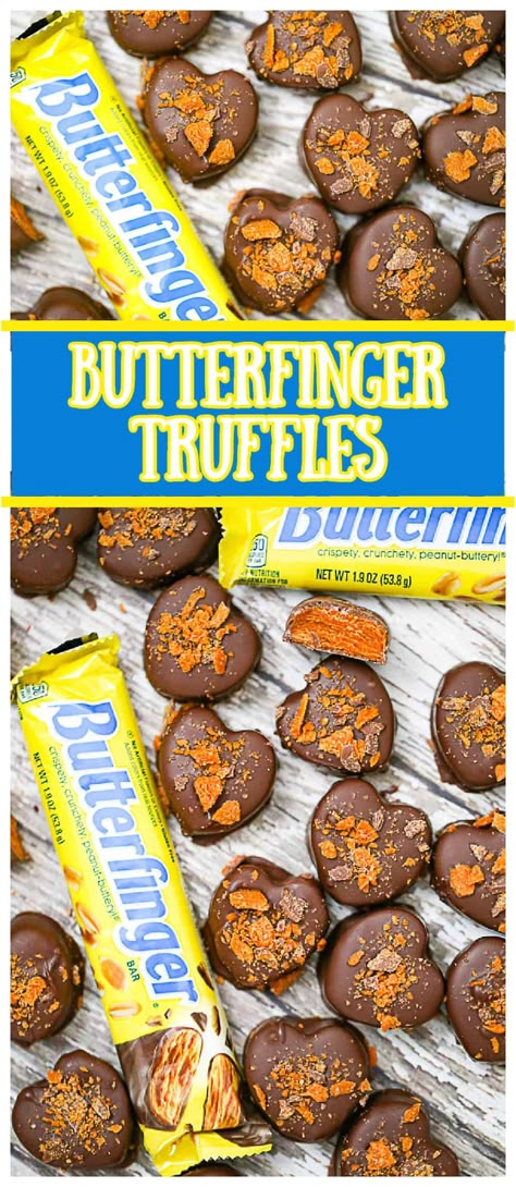 Butterfinger Truffles - These Butterfinger truffles will vanish before you know it! These delicious creamy, bite-sized confectionary peanut butter truffles are made with crunchy Butterfinger candy bits and dipped in a rich chocolate!  Easy to make for a wonderful sweet treat that is sure to become of family favorite. #butterfinger #candy #candytruffles #truffles #peanutbutter #peanutbuttertruffles #holidaytruffles #dessert #holidaytreats #valentinesdaytruffles #heartcandies #hearttruffles #... Butterfinger Truffles Recipe, Butterfinger Truffles, Chocolate Chip Recipe, Chip Recipe, Butterfinger Candy, Peanut Butter Truffles, Easy Chocolate Desserts, Keto Chocolate Chip Cookies, Homemade Chocolate Cake