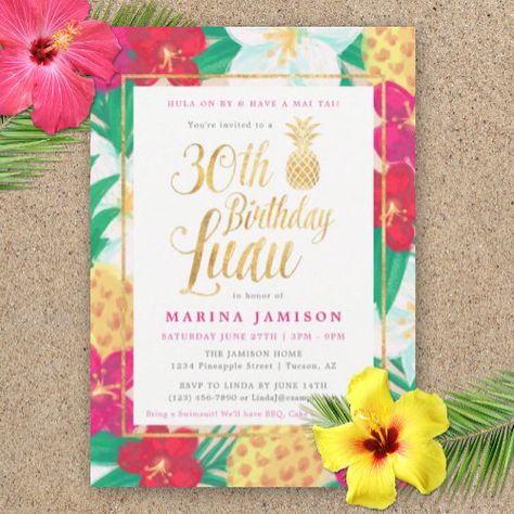 $3.08 | Gold 30th Birthday Luau Party Invitations | Birthday Invitations | luau, hawaiian, tropical, pineapple, 30th, birthday, thirty, woman, thirtieth, gold Hawaiian 50th Birthday Party, Luau Birthday Party Invitations, Luau Party Invitations, Pineapple Birthday Party, Birthday Luau, Luau Invitations, Fiftieth Birthday, Invitations Pink, Pineapple Birthday