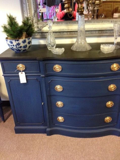 Lovely painted buffet found in antique store today.   Dark, almost navy, blue (darker than the photo) felt like chalk paint, and top was a dark, almost black, rubbed on stain or paint/stain combo.   Inside reveals it is an old mahogany dresser or buffet.   Picture doesn't do it justice, actual item would make quite a room statement Brown And Blue Furniture, Navy Blue Buffet, Navy Buffet, Blue Dressers, Paint Drawers, Blue Buffet, Mahogany Dresser, Painted Buffet, Dresser Redo