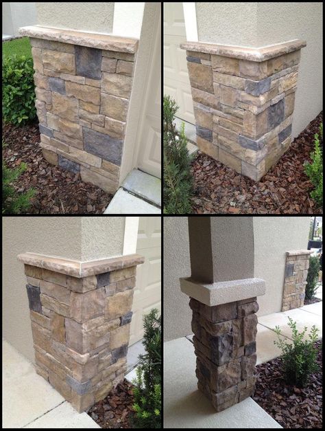 Stone Pillars Porch Front Entry, Exterior Home Makeover, Stucco House, Stone Exterior Houses, Exterior House Colors Stucco, Florida Decor, Porch Columns, Stucco Homes, Stone Exterior