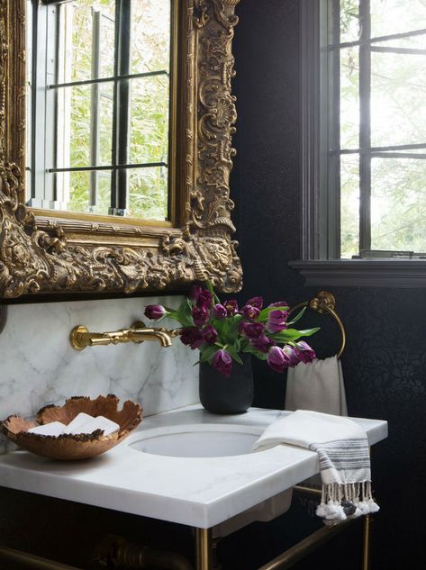 Contemporary Luxury Through Refined Aesthetic | Decoholic Powder Room Ideas Traditional, Luxury Half Bath, Moody Romantic Bathroom, Sink Mirror, Dark Space, Eclectic Bathroom, Modern Eclectic, Refined Aesthetic, Marble Vanity