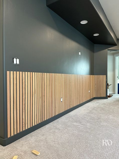 White Oak Slat Feature Wall - Remington Avenue Half Slat Wall, Slat Feature Wall, Half Wall Ideas, Wall Stains, Accent Wall Design, Panel Walls, Slanted Ceiling, Cozy Family Rooms, Wood Slat Wall