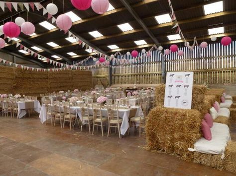 Farm wedding in a shed! Decorated with straw, bunting and lanterns. Farm Shed Wedding, Rustic Wedding Marquee Decor, Country Wedding Marquee, Country Wedding Hay Bale Seating, English Country Wedding Marquee, Autumn Barn Wedding Uk, Shed Wedding, Farm Shed, Rustic Farm Wedding