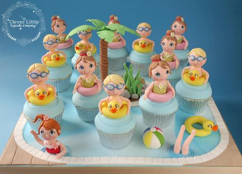 Pool Party Cupcakes by The Clever Little Cupcake Company Swim Party Cupcakes, Roller Coaster Cake, Pool Party Cupcakes, Pool Cupcakes, Water Theme Party, Swimming Cake, 3d Cupcake, Festa Pool Party, Pool Party Cakes