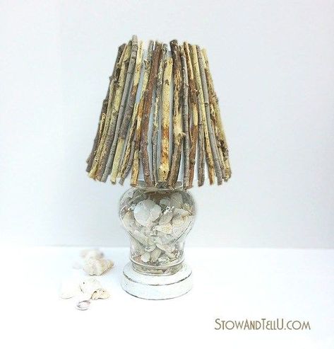 Driftwood Lampshade, Twig Lamp, Faux Driftwood, Old Lamp Shades, Driftwood Diy, Shell Lamp, Painting Lamp Shades, Bright Decor, Faux Cowhide